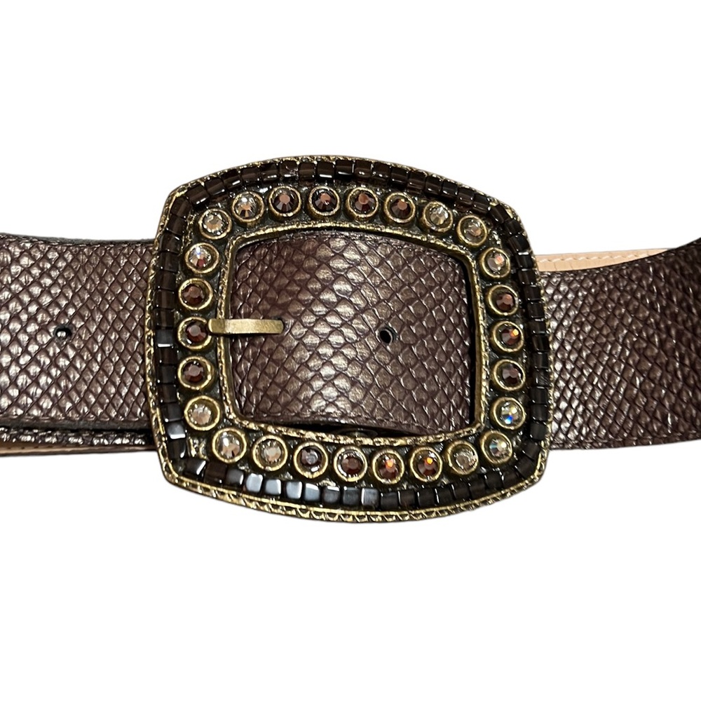 Cache Brown Genuine Leather Rhinestone Embellished Buckle Brown Belt - Picture 2 of 5